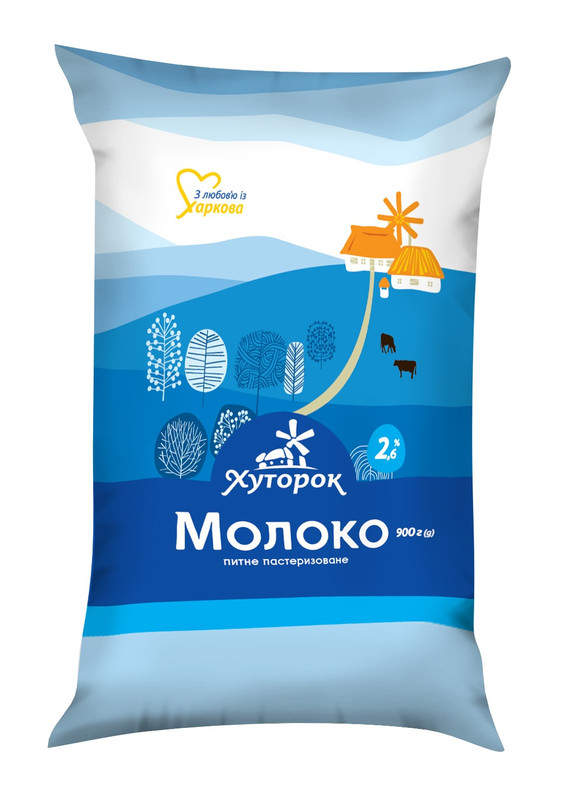Молоко коров'яче ХУТОРОК пастеризоване, плівка поліетиленова, 2,6%, 900г